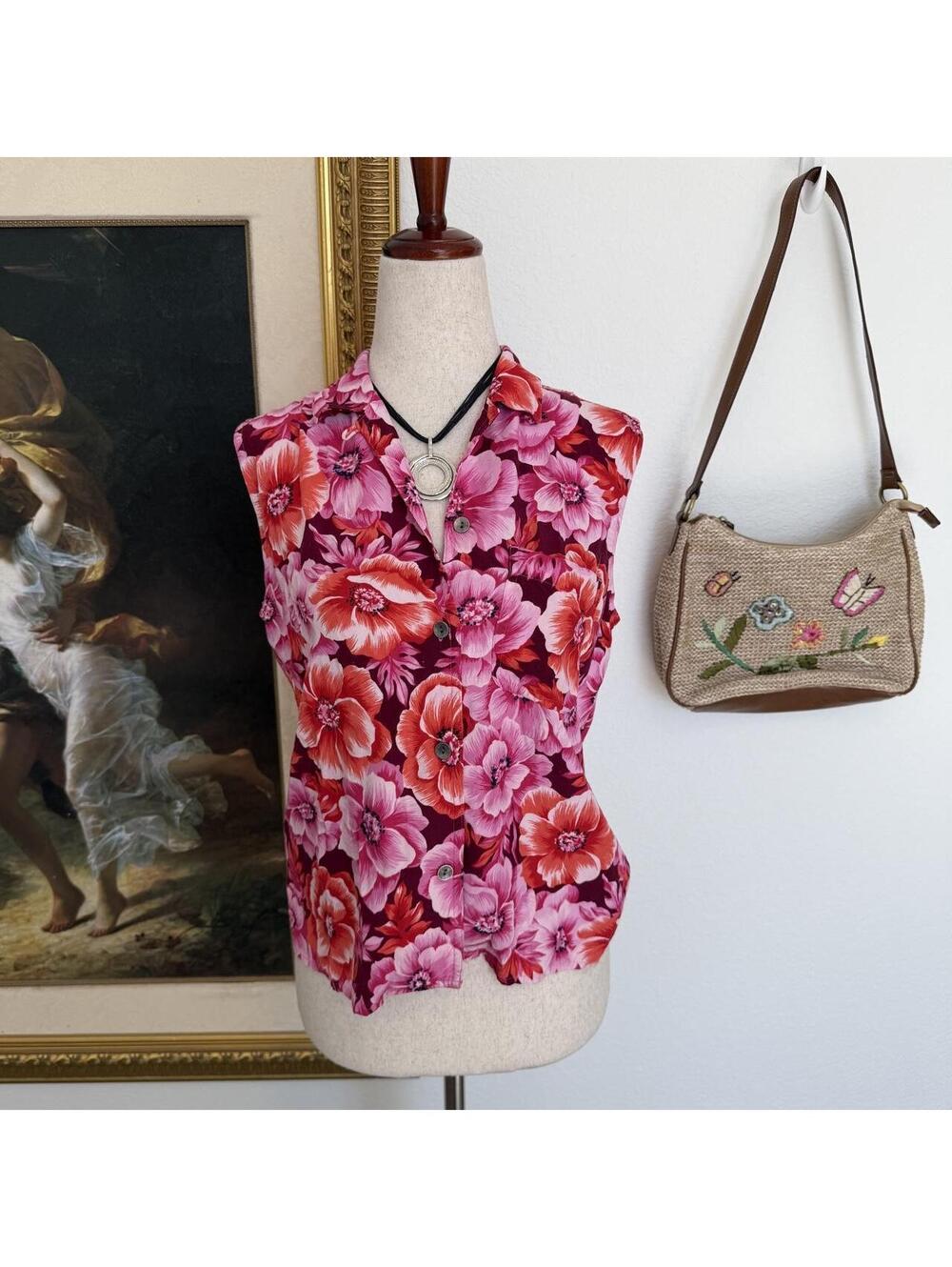 Vintage Cottagecore Y2K Pink Floral Collared Blouse